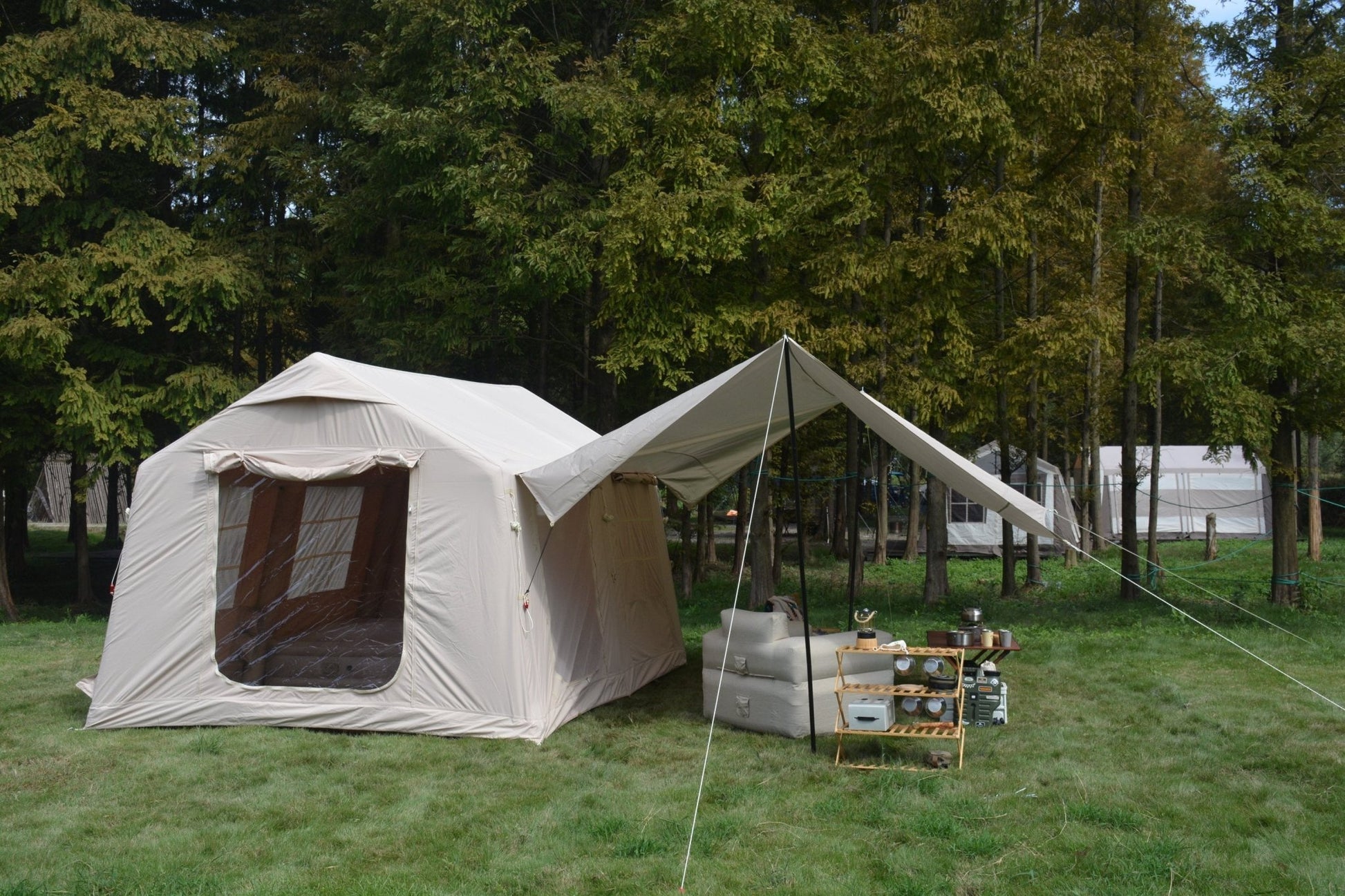 9.8 x13ft with canopy, Inflatable Camping Tents with Hand Pump, Air Glamping Tents, Easy Setup Waterproof and Windproof Blow up Tent Beige - 1st Choice Furniture Direct