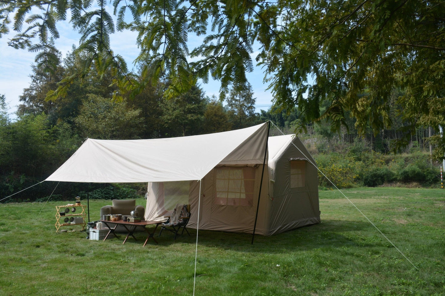 9.8 x13ft with canopy, Inflatable Camping Tents with Hand Pump, Air Glamping Tents, Easy Setup Waterproof and Windproof Blow up Tent Beige - 1st Choice Furniture Direct