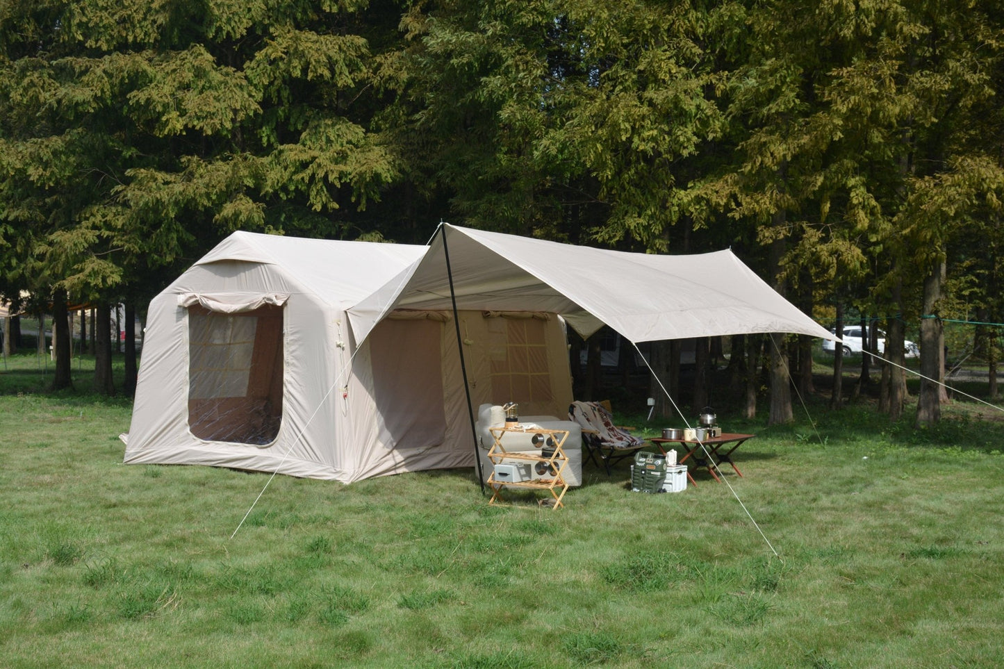 9.8 x13ft with canopy, Inflatable Camping Tents with Hand Pump, Air Glamping Tents, Easy Setup Waterproof and Windproof Blow up Tent Beige - 1st Choice Furniture Direct