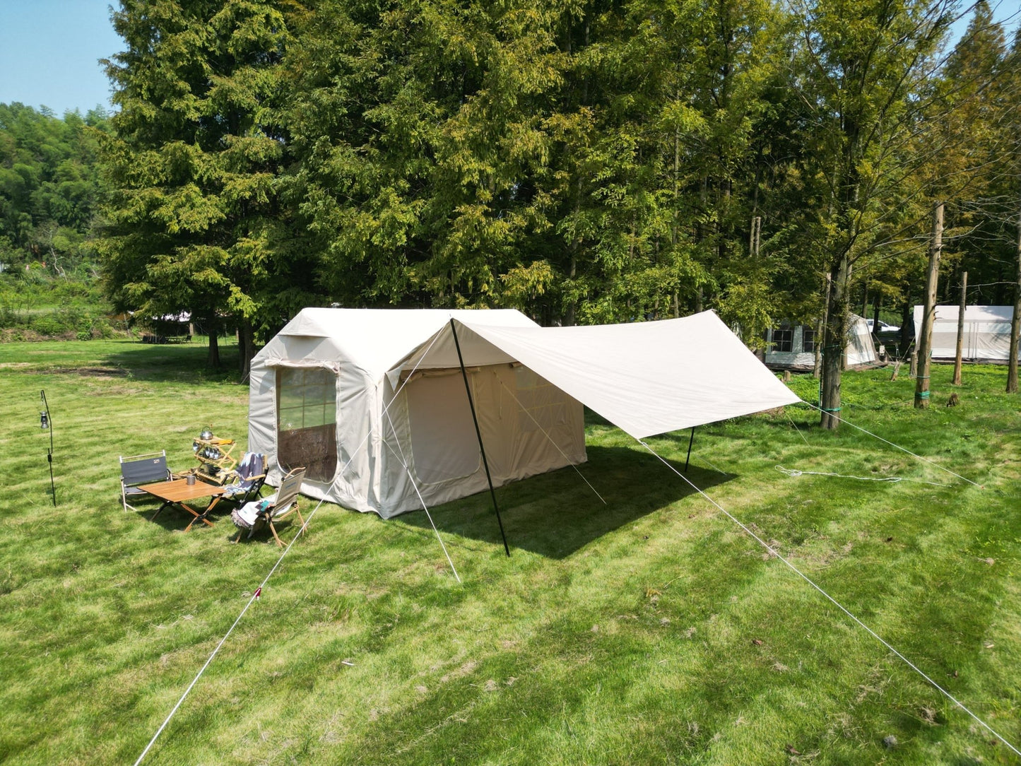 9.8 x13ft with canopy, Inflatable Camping Tents with Hand Pump, Air Glamping Tents, Easy Setup Waterproof and Windproof Blow up Tent Beige - 1st Choice Furniture Direct