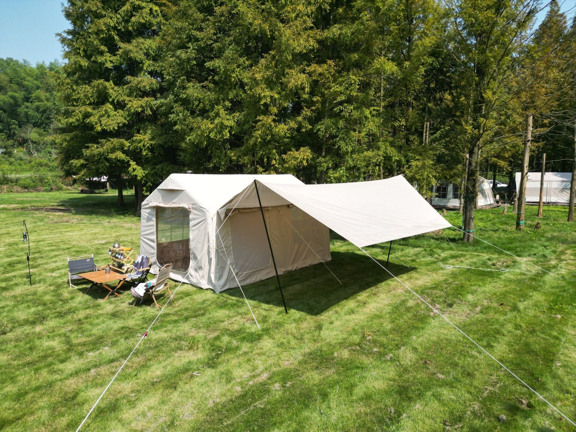 9.8 x13ft with canopy, Inflatable Camping Tents with Hand Pump, Air Glamping Tents, Easy Setup Waterproof and Windproof Blow up Tent Beige - 1st Choice Furniture Direct