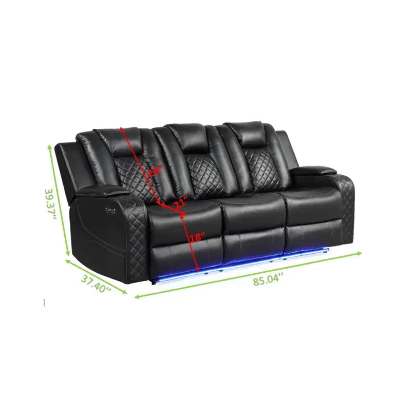 Benz LED & Power Recliner 2 PC Made With Faux Leather in Black