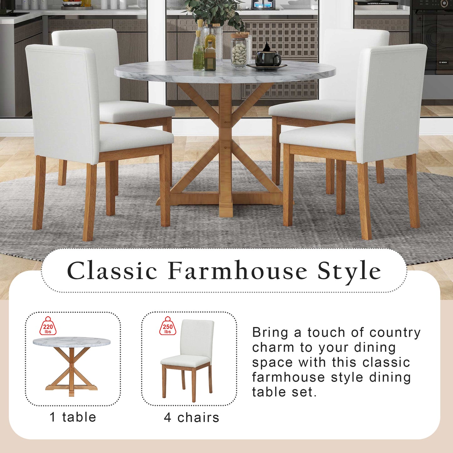 1st Choice 5-Piece Farmhouse Marble Sticker Style Dining Table Set