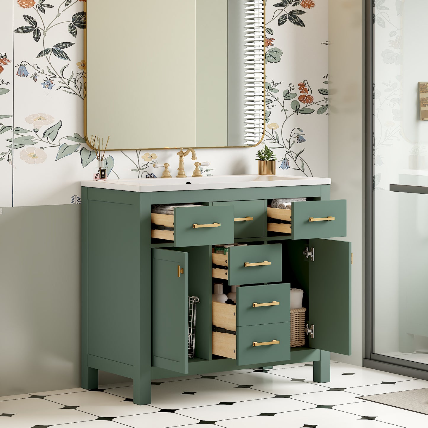 36'' Bathroon Vanity with Resin Sink Combo Set,Modern Freestanding Single Bathroom Cabinet with 4 Drawers & 2 Cabinets,Storage Cabinet for Bathroom, Solid Wood Frame Vanity Set, Green