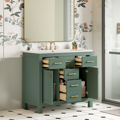 36'' Bathroon Vanity with Resin Sink Combo Set,Modern Freestanding Single Bathroom Cabinet with 4 Drawers & 2 Cabinets,Storage Cabinet for Bathroom, Solid Wood Frame Vanity Set, Green