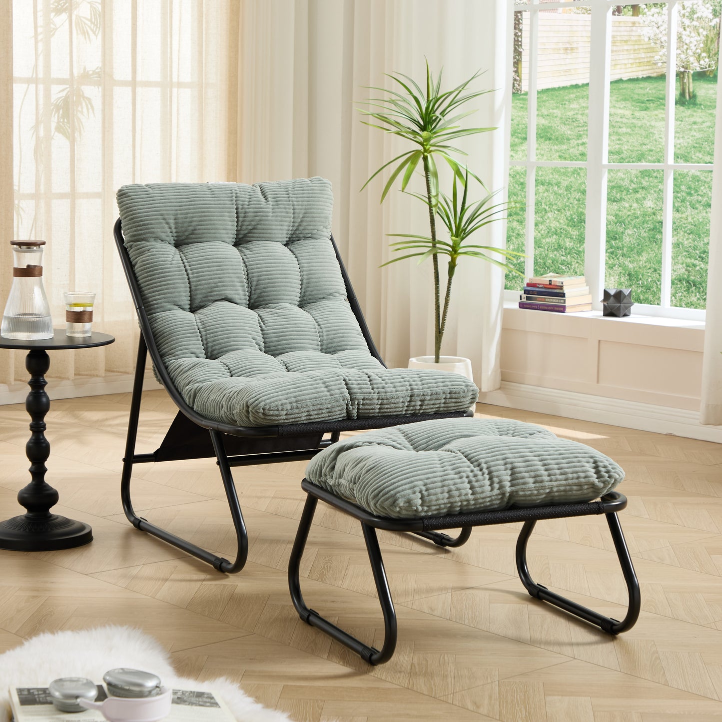 Patio Outdoor Lounge Chair with Ottoman, Comfy Sling Recliner Chair with Puffy Cushion and Foot Stool,  Ideal for Living Room, Bedroom, Reading Room, Black frame with light green Cushion