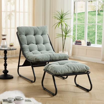 Patio Outdoor Lounge Chair with Ottoman, Comfy Sling Recliner Chair with Puffy Cushion and Foot Stool,  Ideal for Living Room, Bedroom, Reading Room, Black frame with light green Cushion