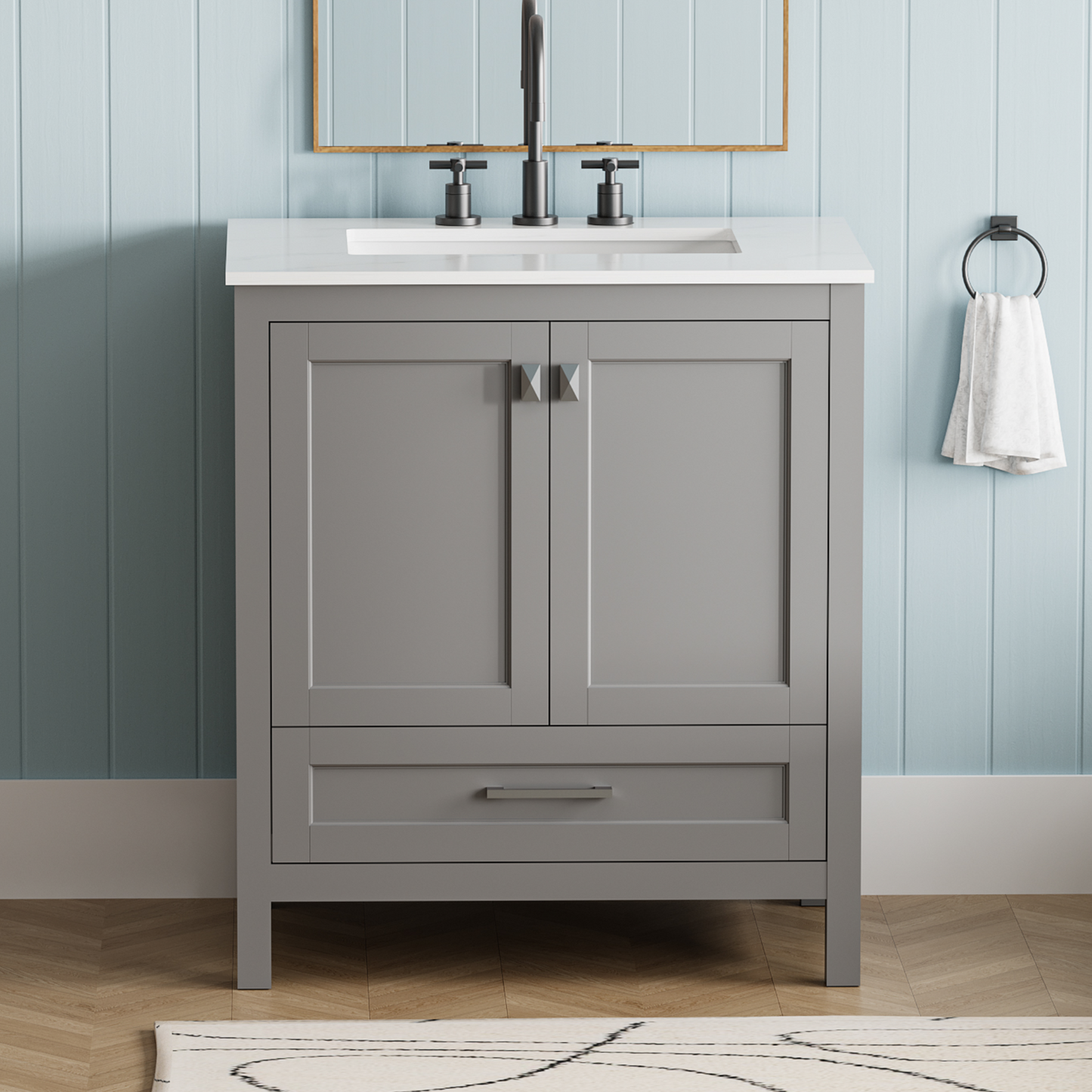30' Freestanding Bathroom Vanity with Sink, Carrara Engineered Marble Vanity Top with Under-mounted Rectangular Ceramic Sink, Soft-Close Door, Solid Wood Frame Fully Assembled, Grey 24V03-30GR