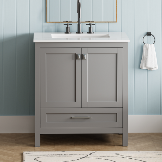 30' Freestanding Bathroom Vanity with Sink, Carrara Engineered Marble Vanity Top with Under-mounted Rectangular Ceramic Sink, Soft-Close Door, Solid Wood Frame Fully Assembled, Grey 24V03-30GR