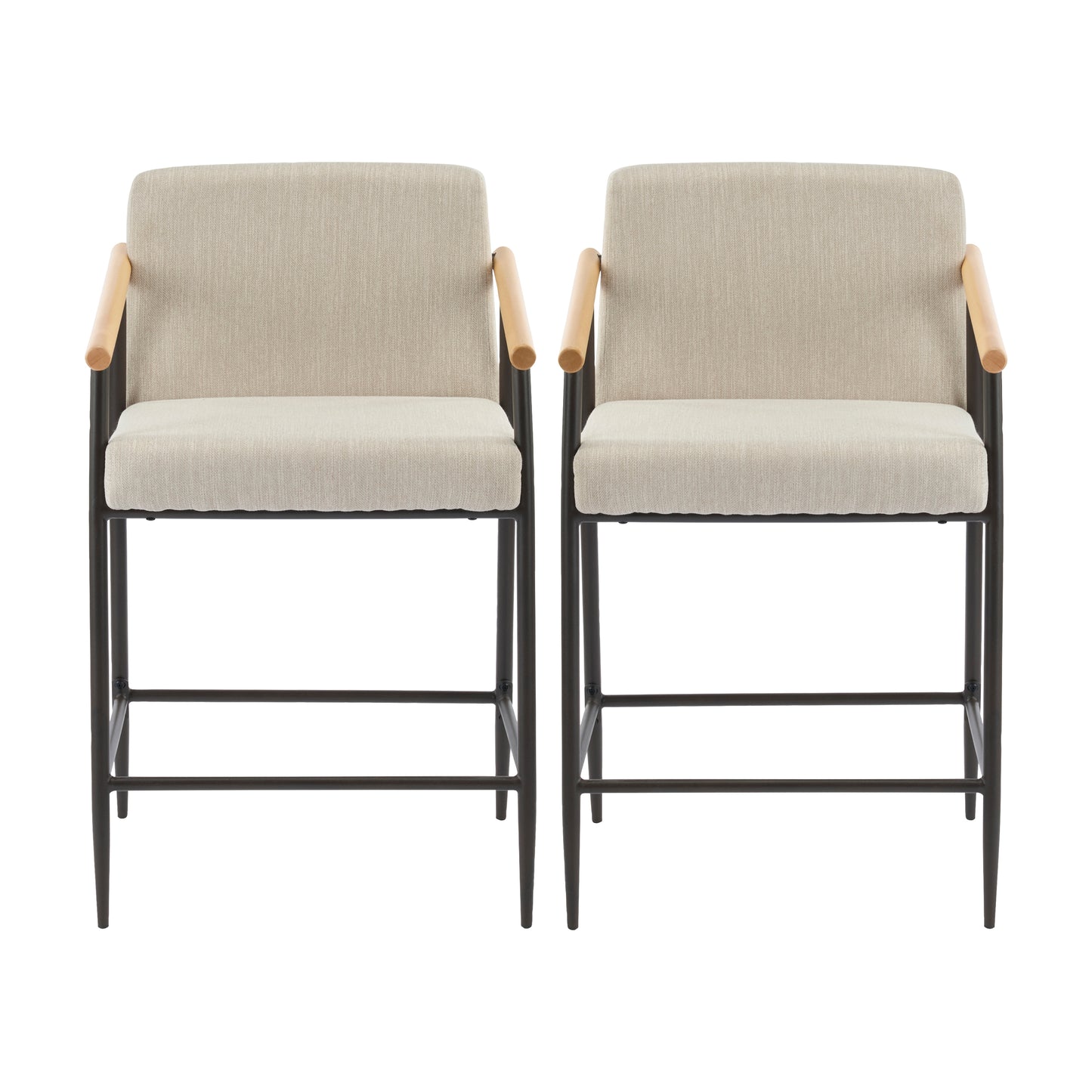 Mid-Century Modern Counter Stool Set with Iron Frame in Espresso and Beige Fabric