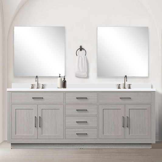 White Oak Double Bath Vanity 84 in. W x 22 in. D, White Quartz Countertop, 34 in. Mirrors and Faucet Set