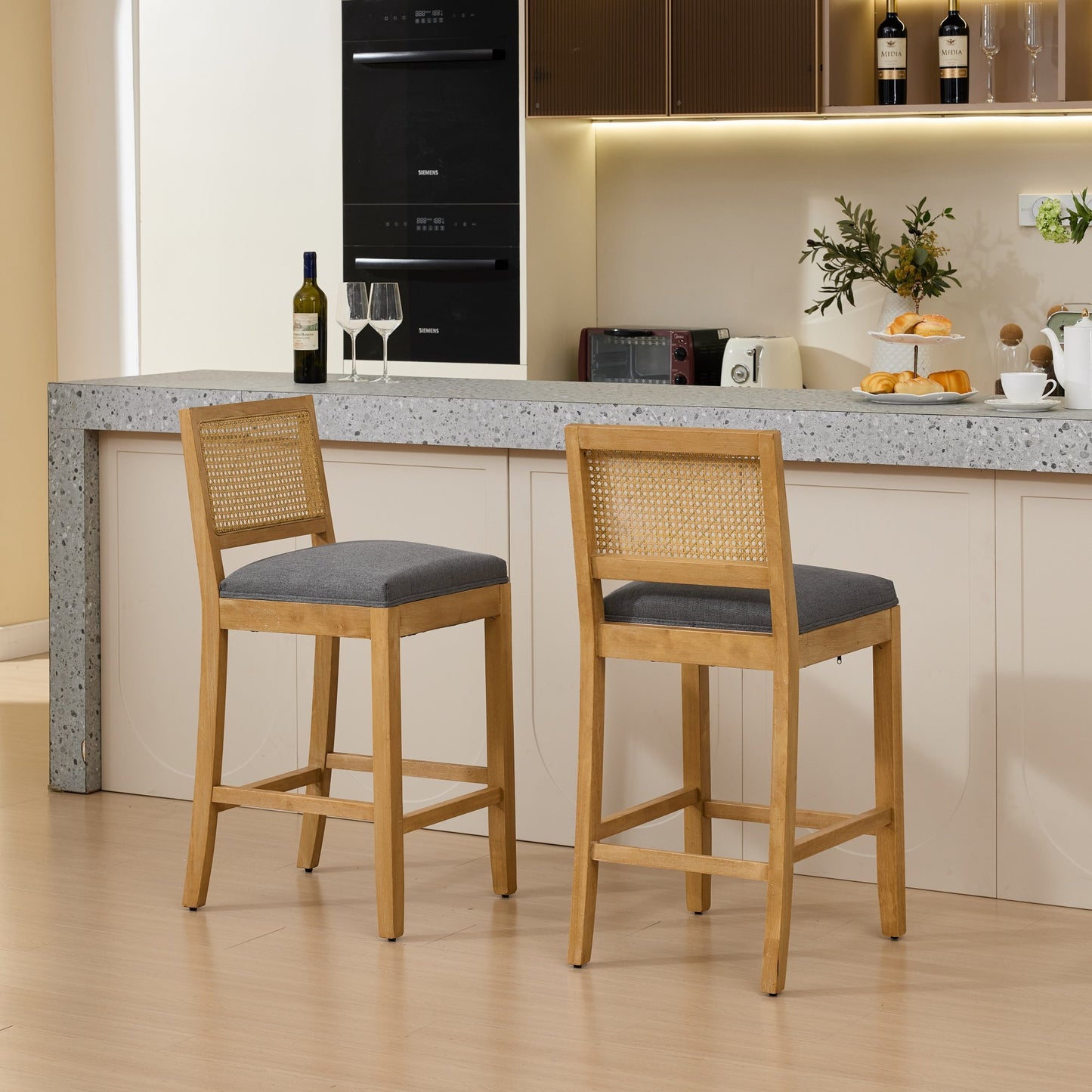 Full Solid Wood Rattan-Back Bar Stool, Matte Linen Cushion with High-Resilience Foam & S-Springs, Ideal for Rustic/Natural Style Kitchen Island, Low Bar in Dining Room & Café,Set of 2,Gray,SW1872GY