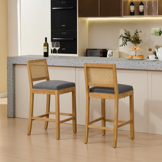 Full Solid Wood Rattan-Back Bar Stool, Matte Linen Cushion with High-Resilience Foam & S-Springs, Ideal for Rustic/Natural Style Kitchen Island, Low Bar in Dining Room & Café,Set of 2,Gray,SW1872GY