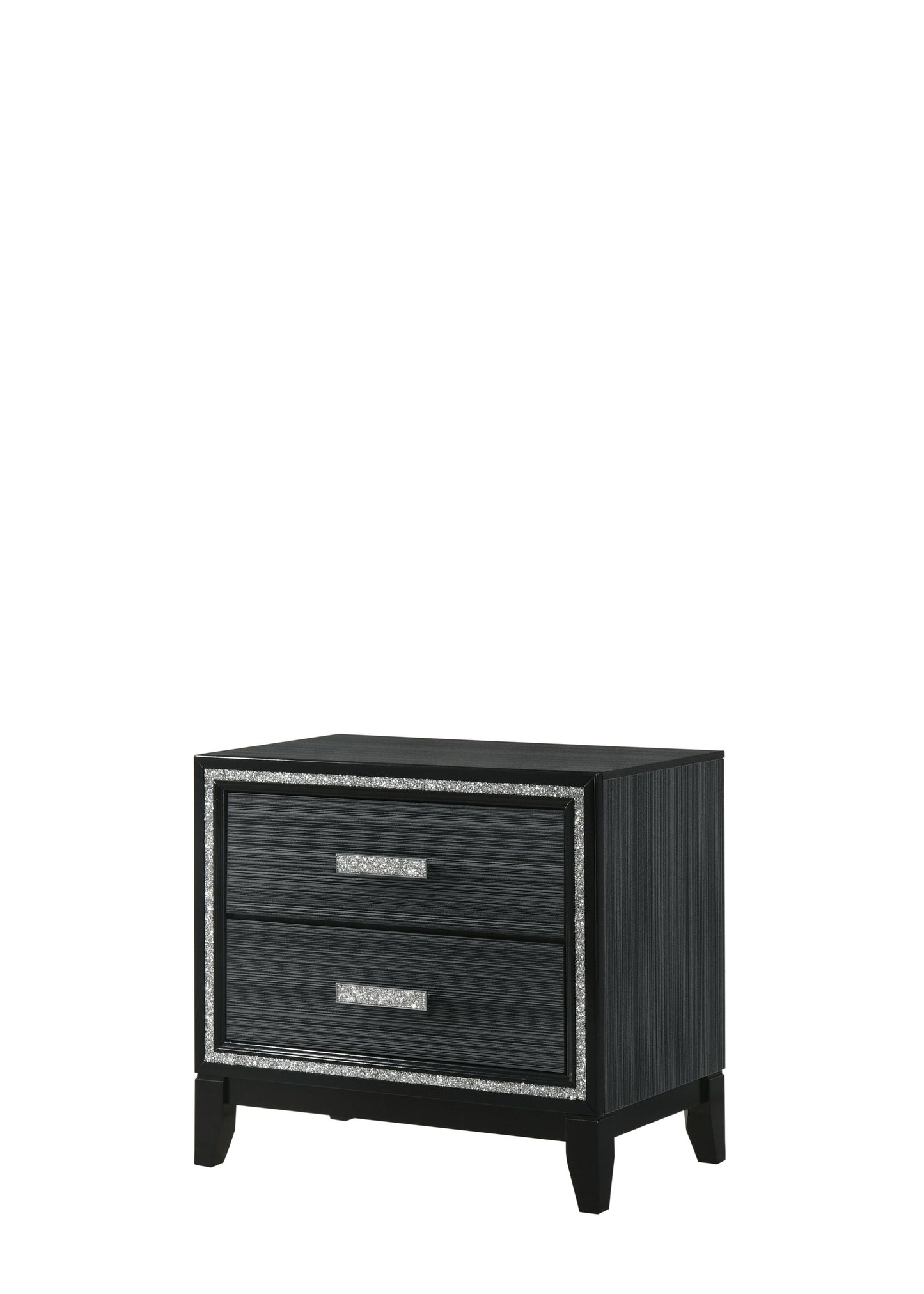 Modern Black Nightstand with Silver Trim and 2 Storage Drawers
