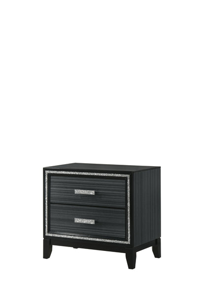 Modern Black Nightstand with Silver Trim and 2 Storage Drawers