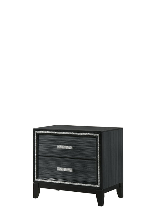 Modern Black Nightstand with Silver Trim and 2 Storage Drawers