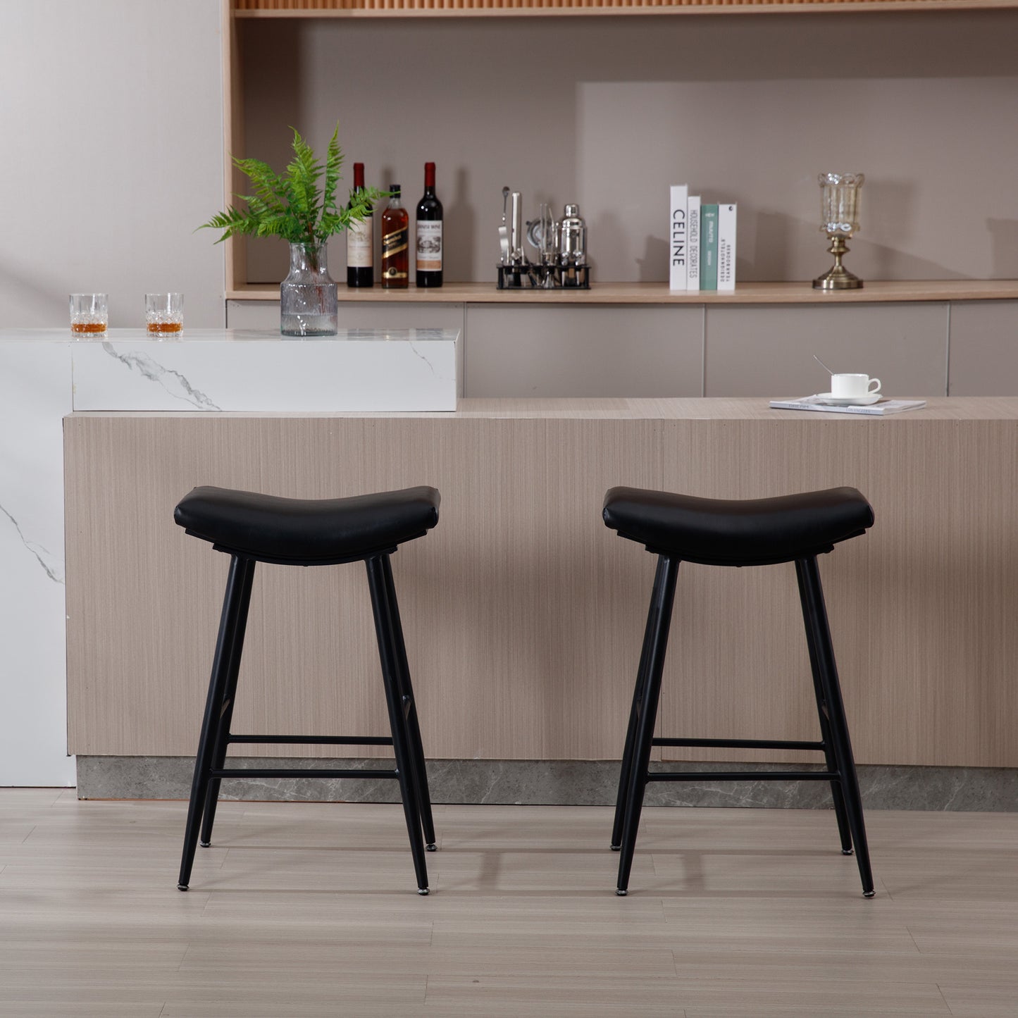 Bar Stools Set of 2 Armless Counter Low Bar Stools Without Back Modern PU Leather Stools with Metal Leg and Footrest ,Black