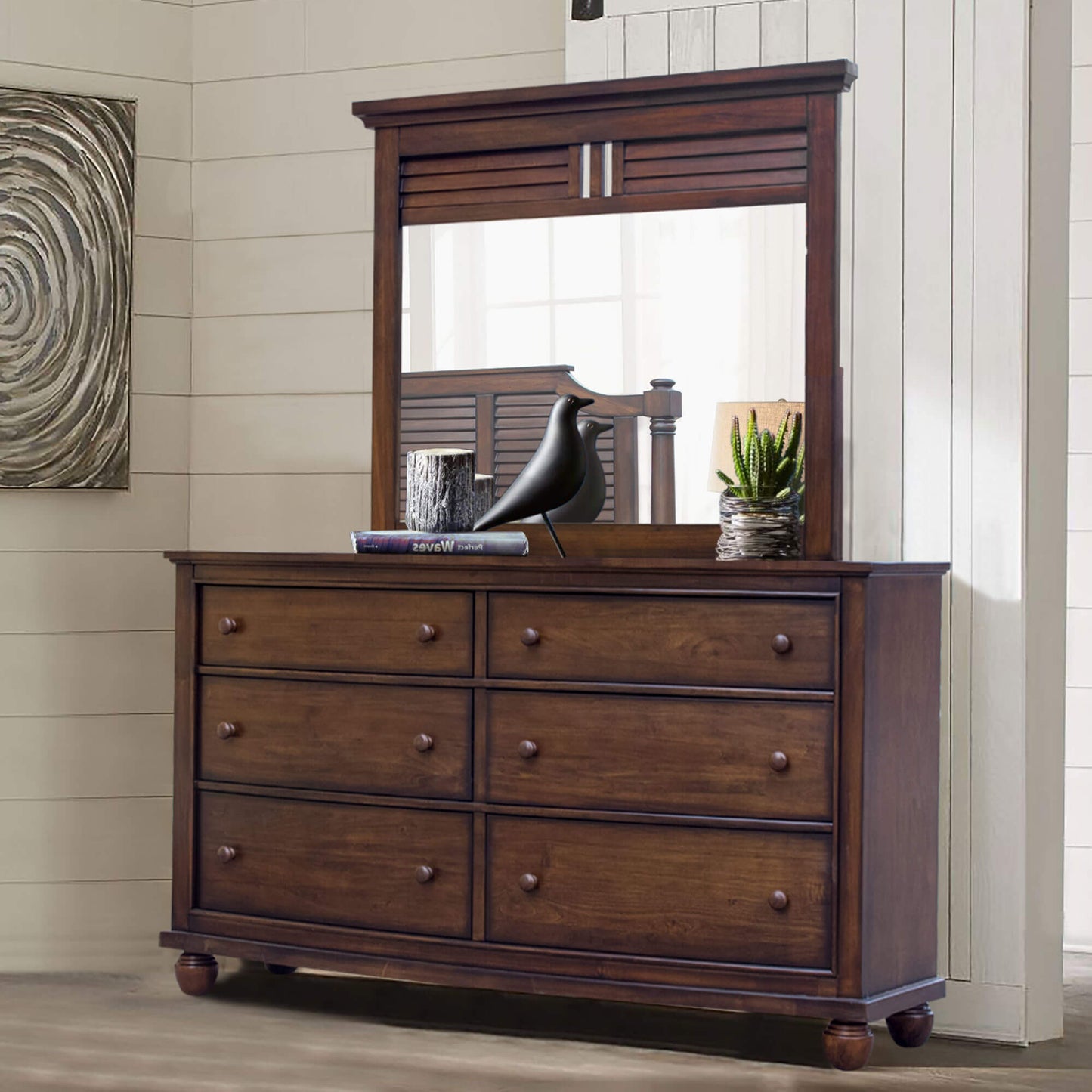 Sunset Trading Bahama Shutter Wood 6 Drawer Double Dresser with Mirror