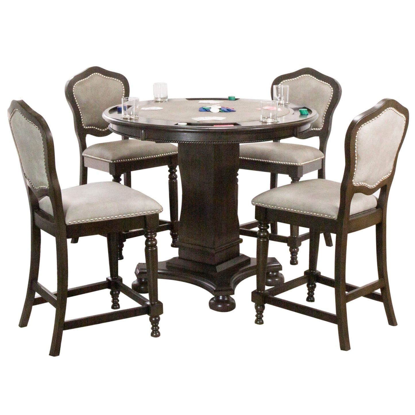 Sunset Trading Vegas 5 Piece 42.5" Round Counter Height Dining, Chess and Poker Table Set