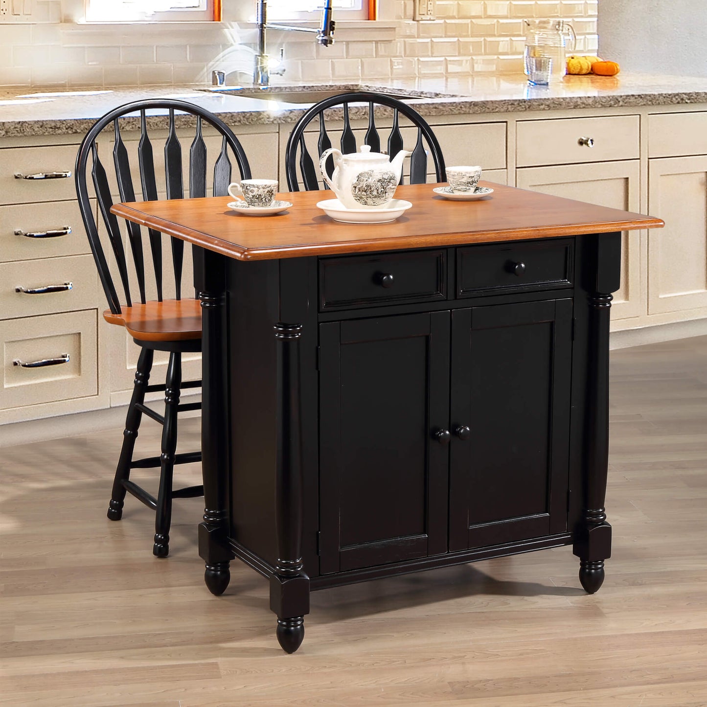 Sunset Trading Antique Black Expandable Kitchen Island with 2 Swivel Stools