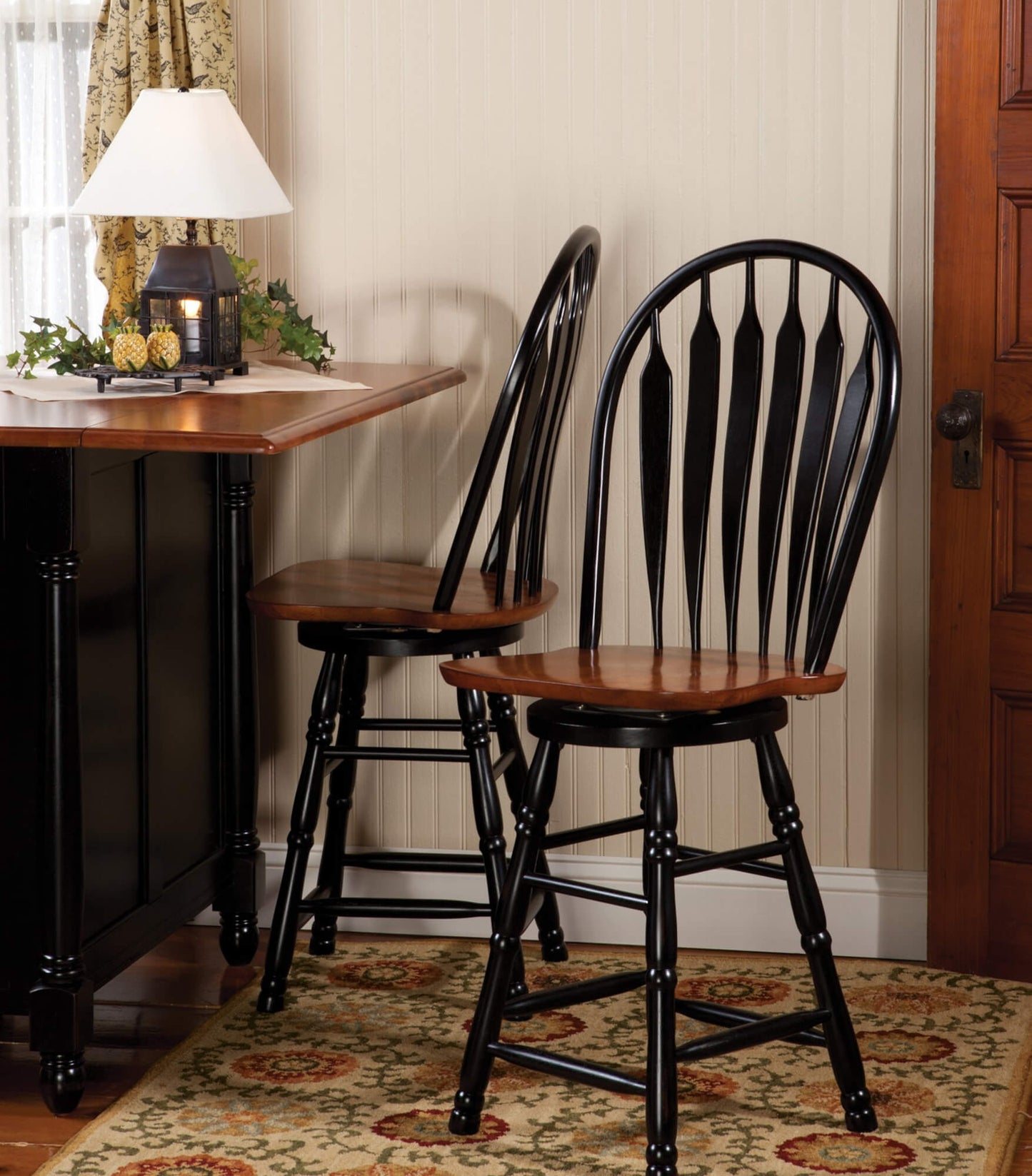 Sunset Trading Antique Black Expandable Kitchen Island with 2 Swivel Stools