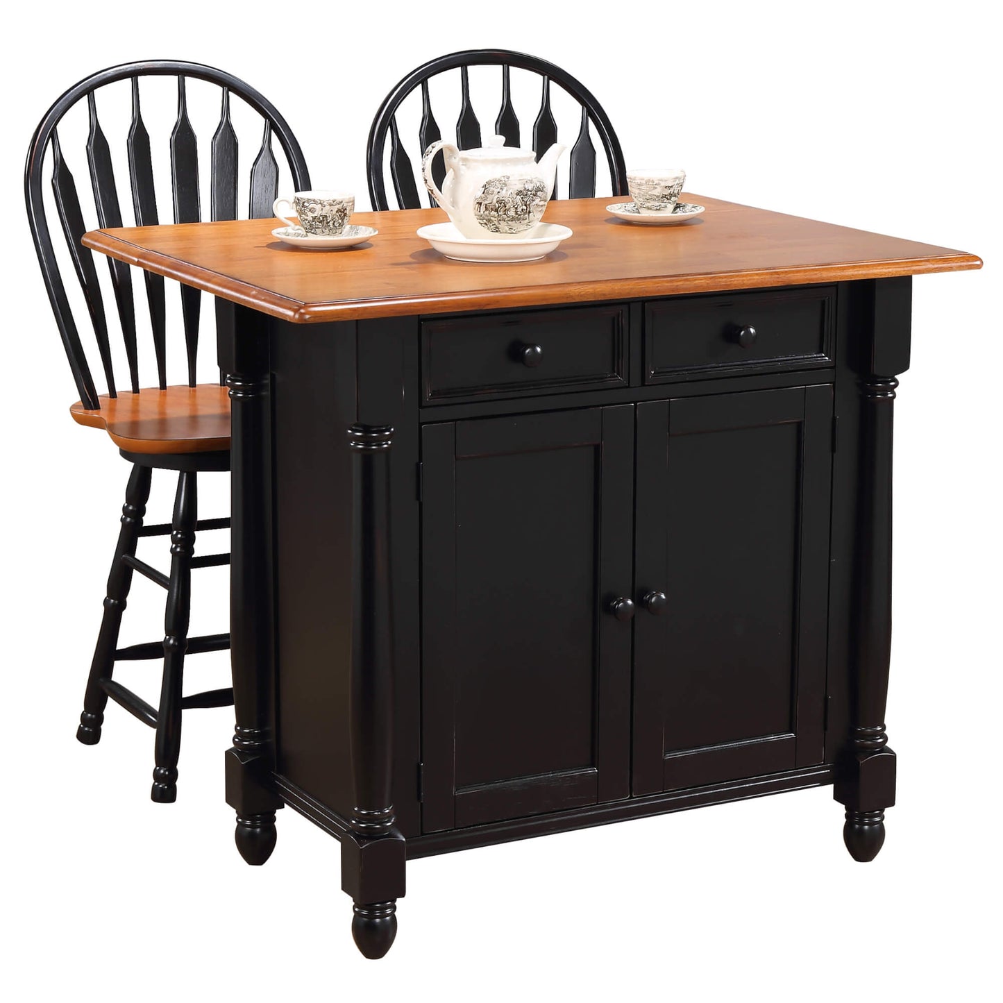 Sunset Trading Antique Black Expandable Kitchen Island with 2 Swivel Stools