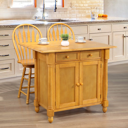 Sunset Trading Light Oak Expandable Drop Leaf Kitchen Island with 2 Swivel Stools