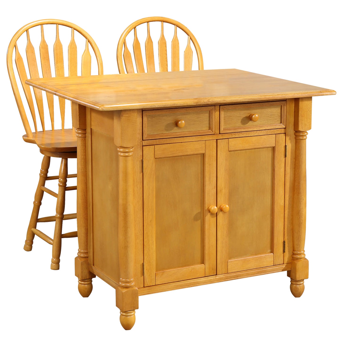 Sunset Trading Light Oak Expandable Drop Leaf Kitchen Island with 2 Swivel Stools