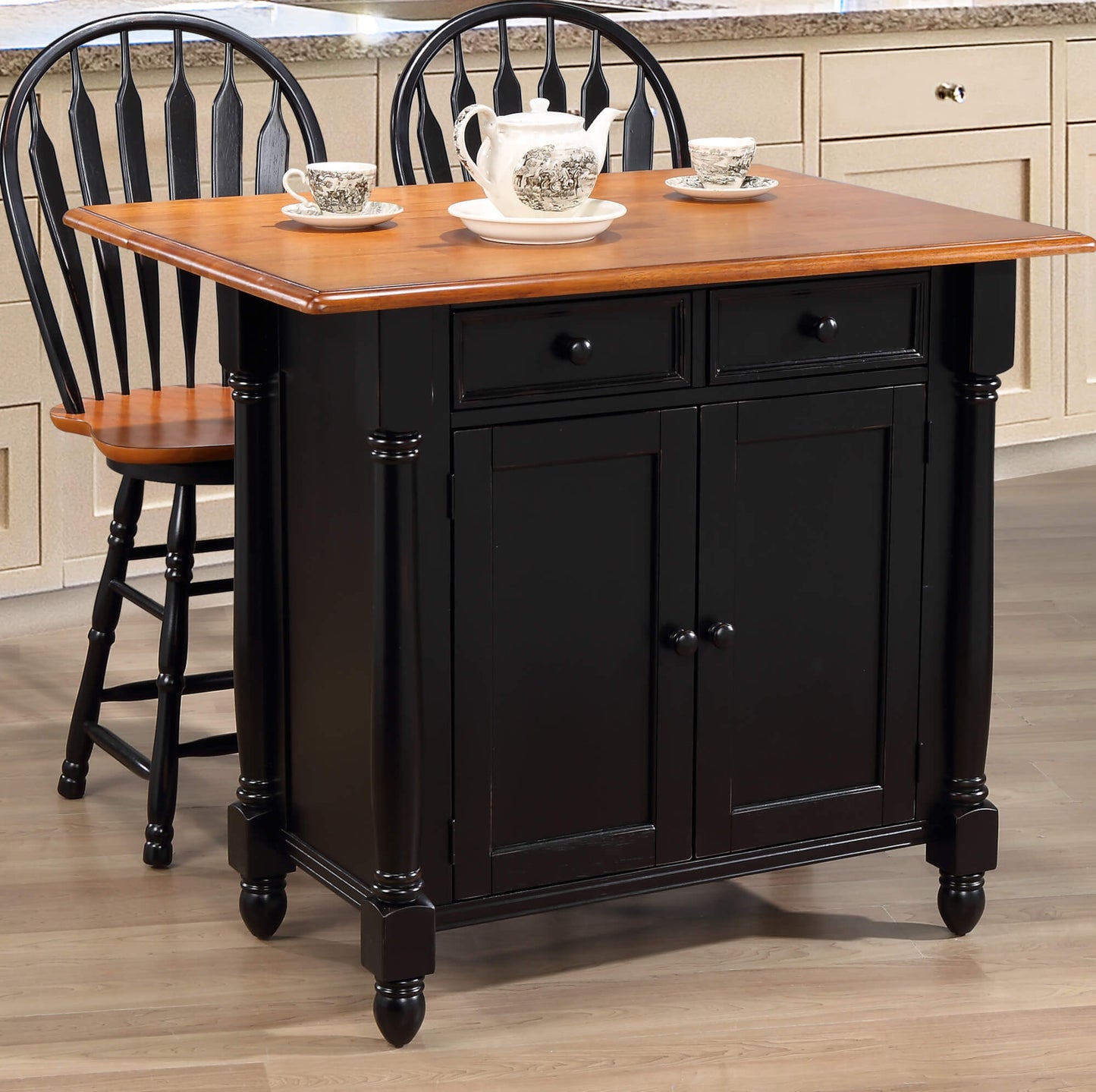 Sunset Trading Antique Black Expandable Kitchen Island with Cherry Drop Leaf Top