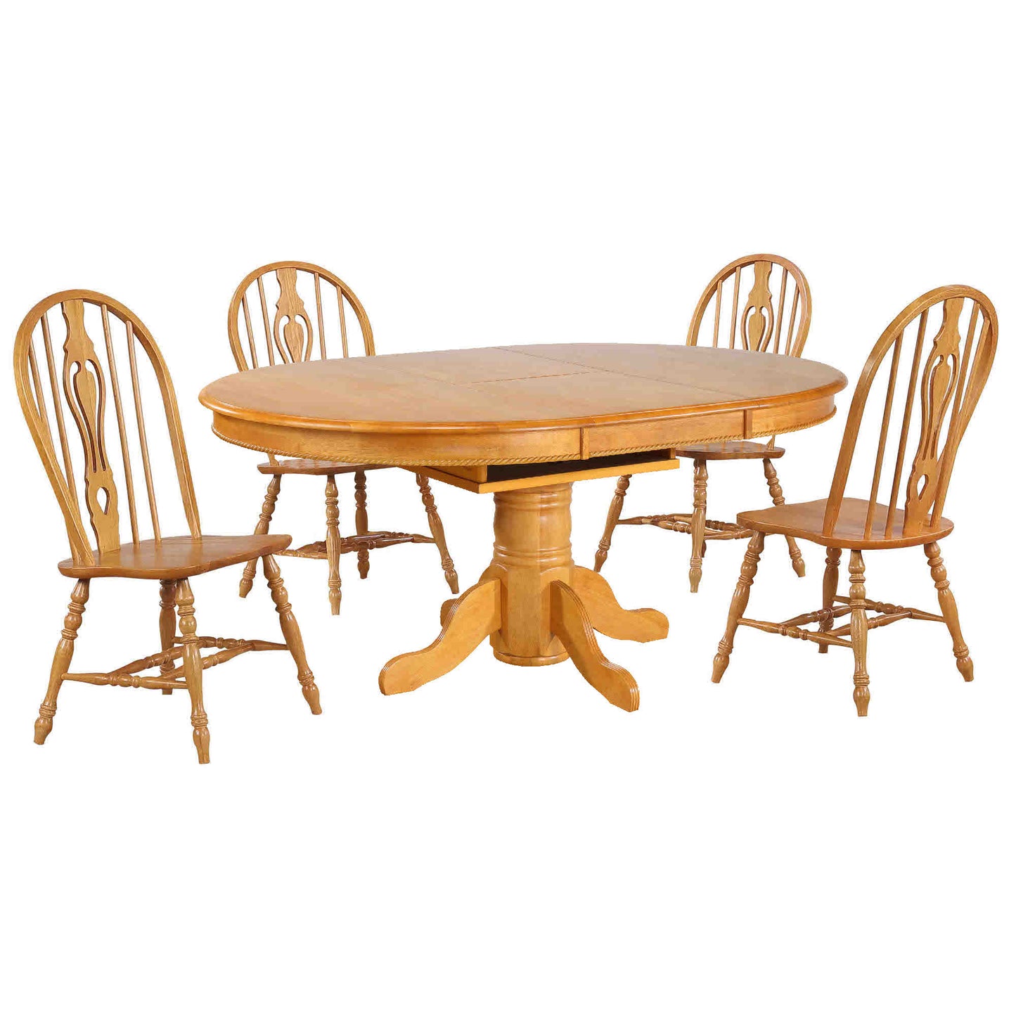 Sunset Trading Oak Selections 5 Piece 48" Round to 66" Oval Extendable Dining Set with 4 Keyhole Windsor Chairs