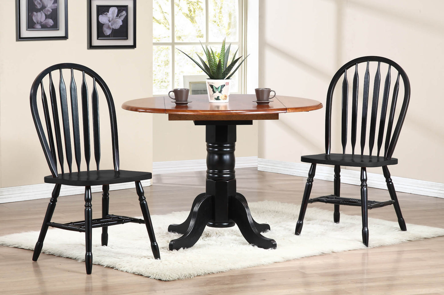 Sunset Trading Black Cherry Selections 3 Piece 42" Round Extendable Dining Set with 2 Black Arrowback Windsor Chairs