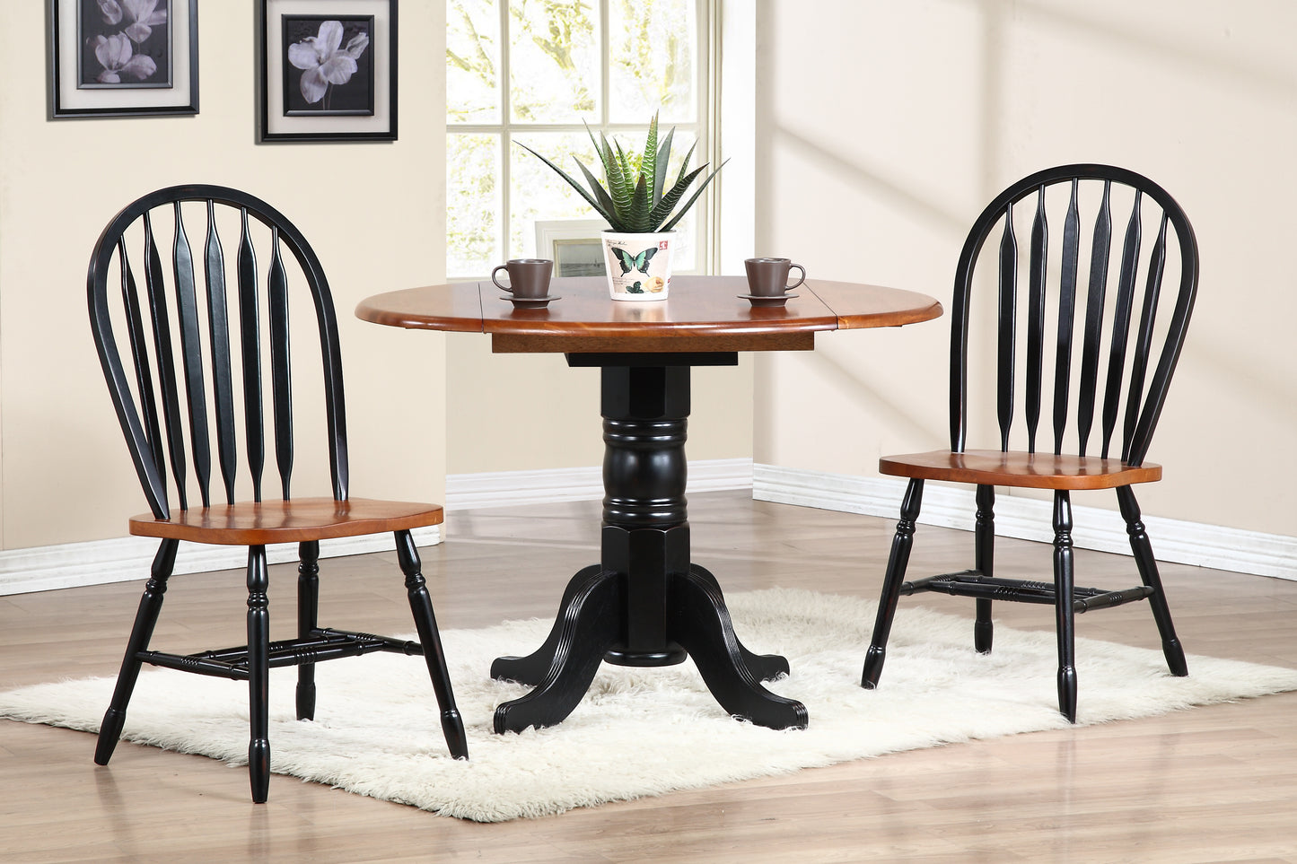 Sunset Trading Black Cherry Selections 3 Piece 42" Round Extendable Dining Set with 2 Arrowback Windsor Chairs