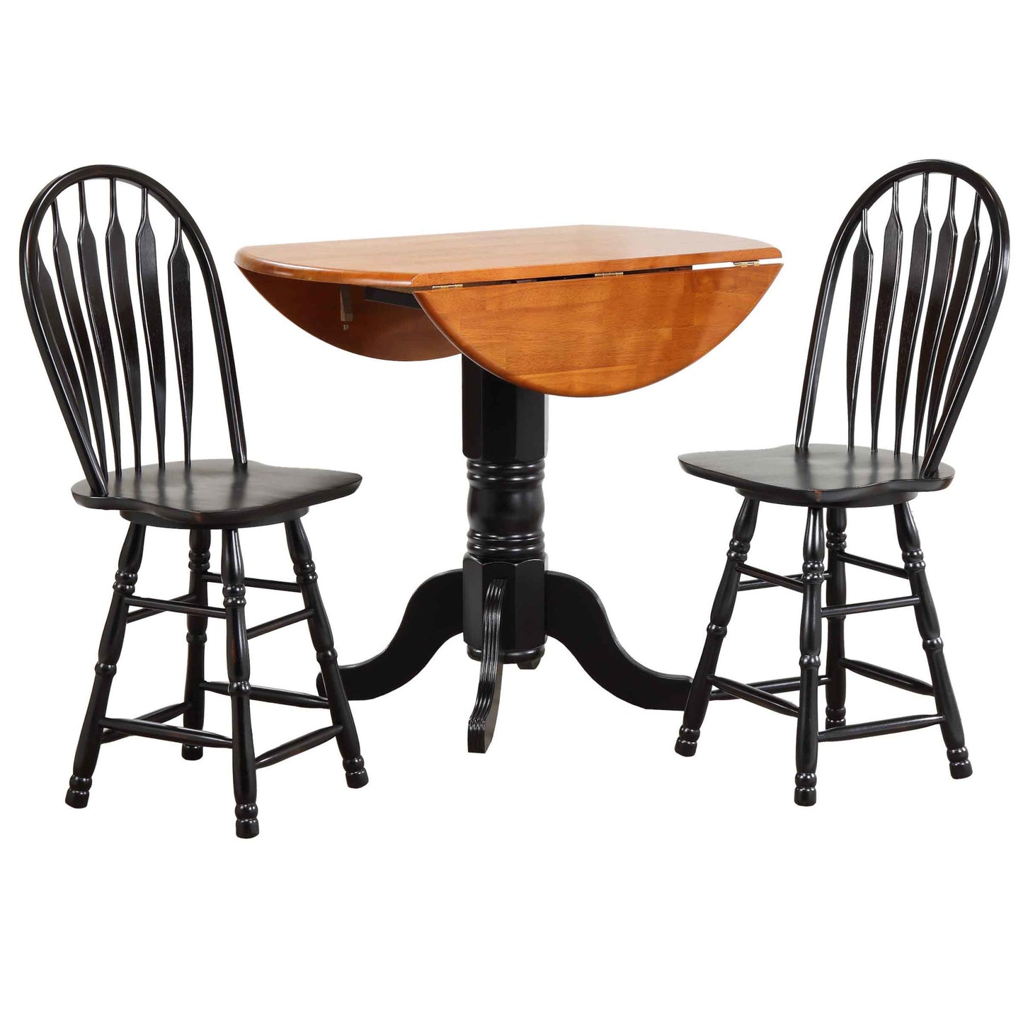 Sunset Trading Black Cherry Selections 3 Piece 42" Round Extendable Drop Leaf Pub Table Set with 2 Swivel Barstools