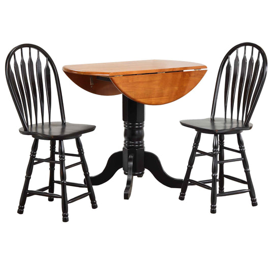 Sunset Trading Black Cherry Selections 3 Piece 42" Round Extendable Drop Leaf Pub Table Set with 2 Swivel Barstools