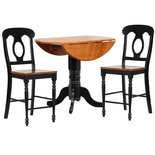 Sunset Trading Black Cherry Selections 3 Piece 42" Round Extendable Drop Leaf Pub Table Set with 2 Napoleon Stools 