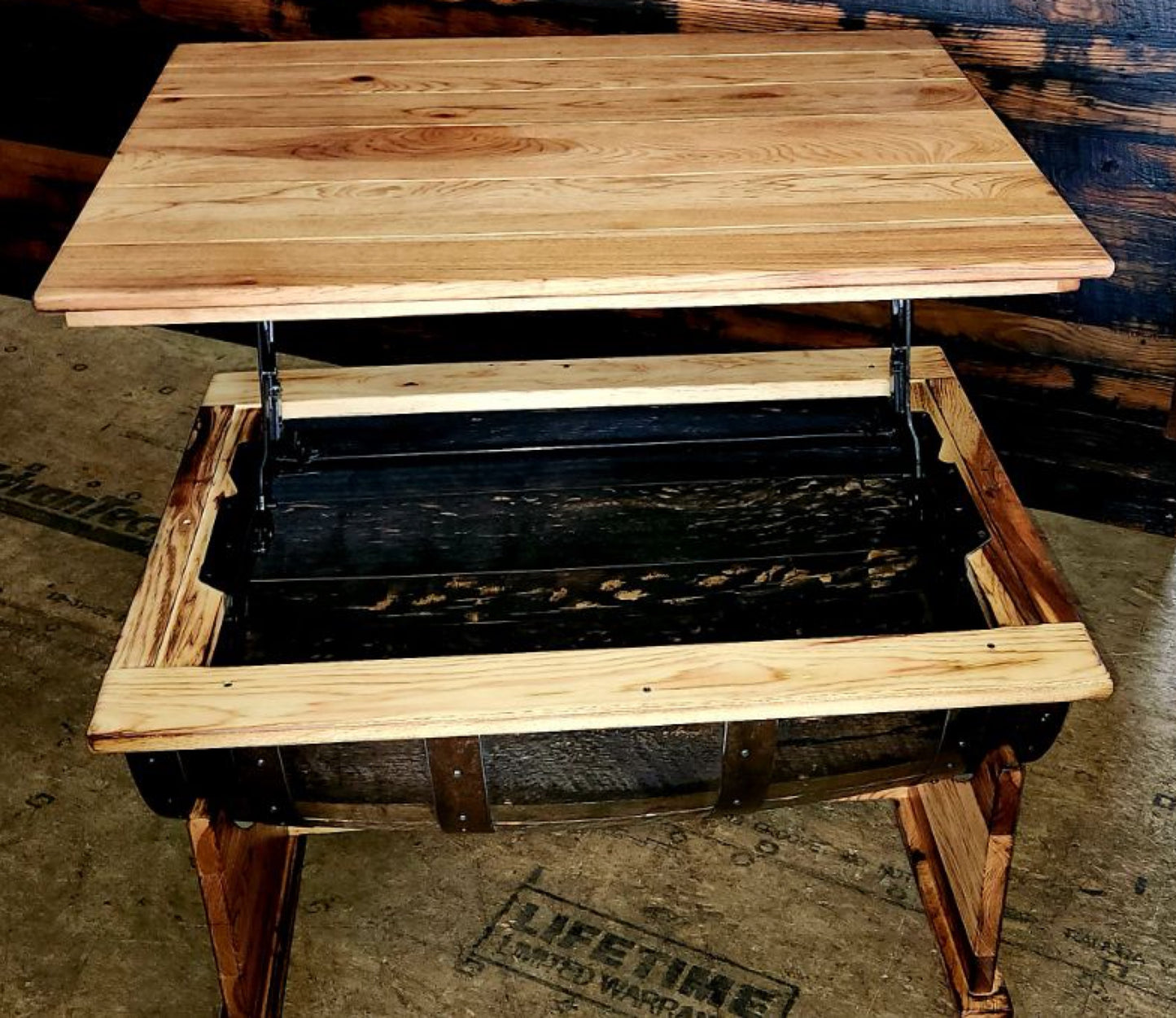 William Sheppee Handcrafted Whiskey Barrel Coffee Table Lift Top Design