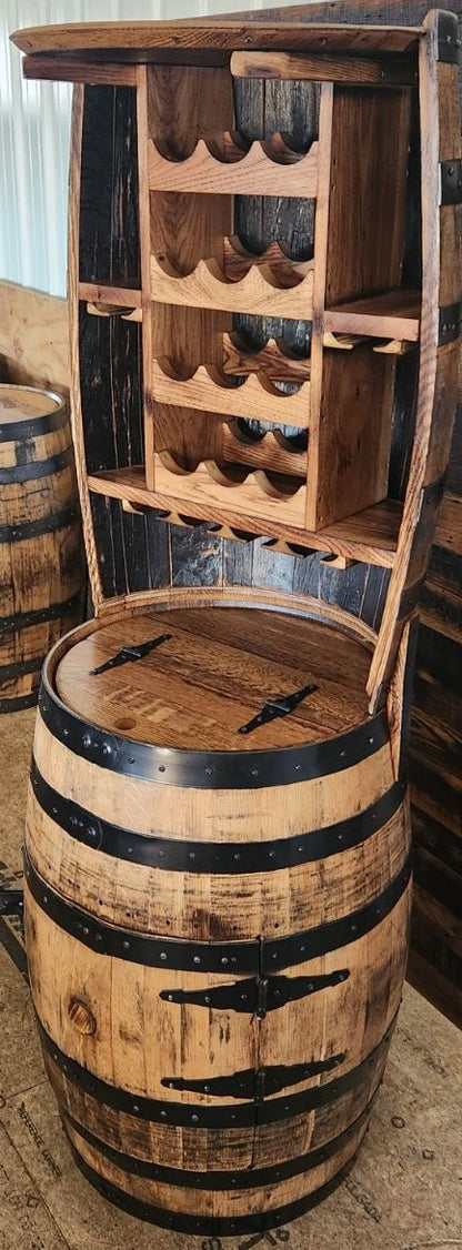 William Sheppee 12 Bottle Barrel Hutch with Shelf & 14 Glass Capacity