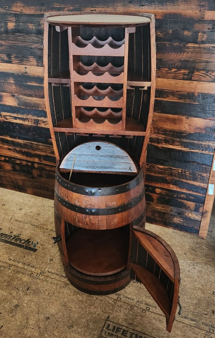 William Sheppee 12 Bottle Barrel Hutch with Shelf & 14 Glass Capacity