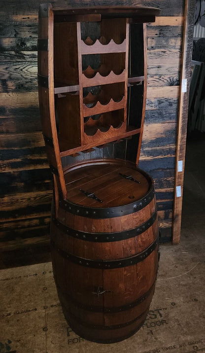 William Sheppee 12 Bottle Barrel Hutch with Shelf & 14 Glass Capacity