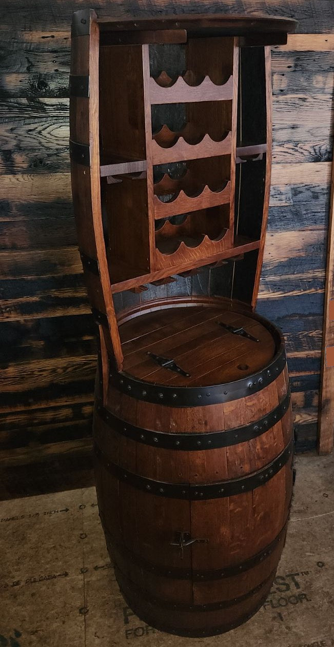 William Sheppee 12 Bottle Barrel Hutch with Shelf & 14 Glass Capacity