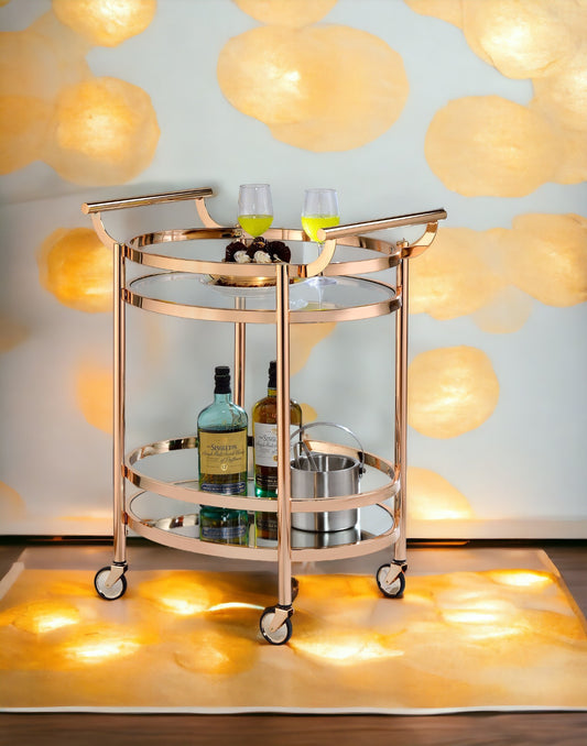 Glam Rose Gold Bar Cart with Glass Shelves and Mirrored Bottom