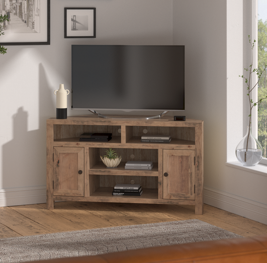 Joshua Creek 52 inch Corner TV Stand for TVs up to 55 inches, No Assembly Required, Barnwood Finish