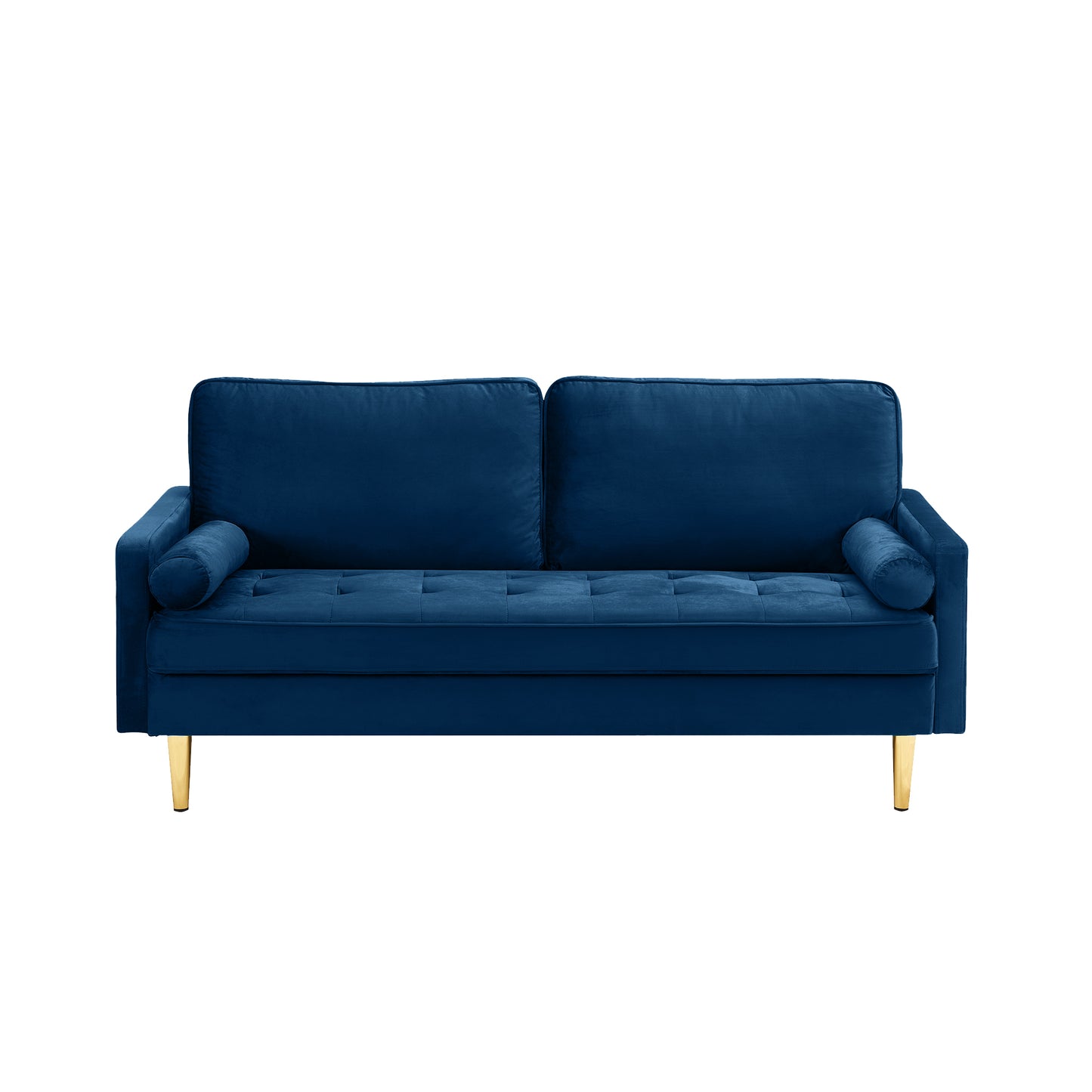 65-inch minimalist velvet sofa with metallic-coloured legs, complete with cushions, suitable for the living room or bedroom.