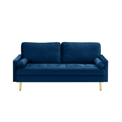 65-inch minimalist velvet sofa with metallic-coloured legs, complete with cushions, suitable for the living room or bedroom.