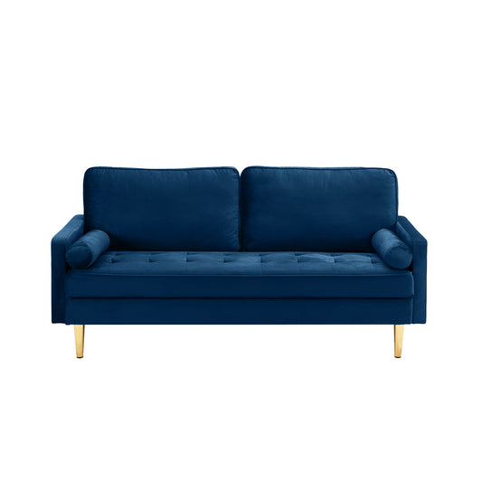 65-inch minimalist velvet sofa with metallic-coloured legs, complete with cushions, suitable for the living room or bedroom.