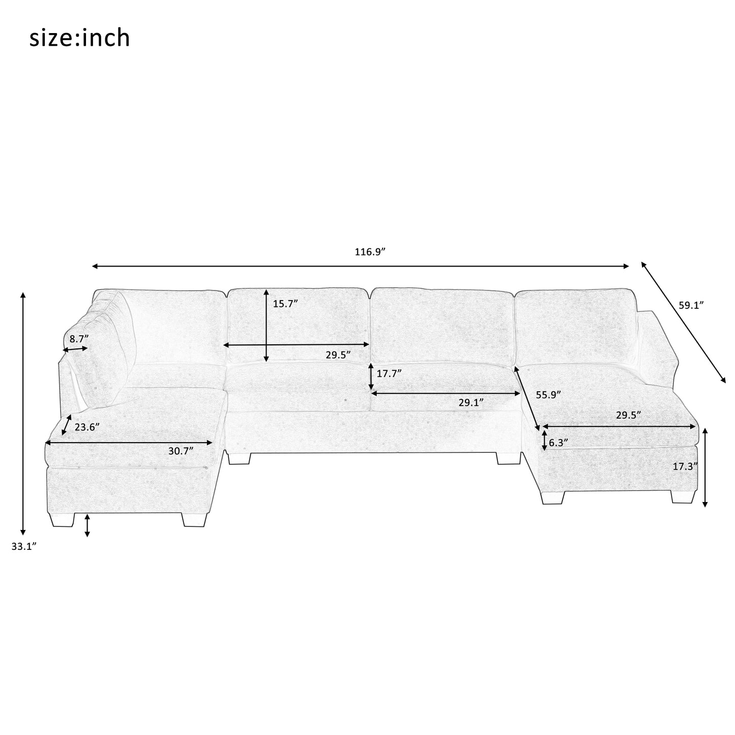 1st Choice Ustyle Modern Large U-Shape Extra Wide Sectional Sofa in Grey