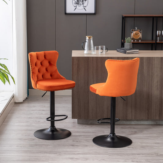 Orange Velvet Swivel Bar Stools Set of 2 | Adjustable Tufted Counter Chairs (25–33”)