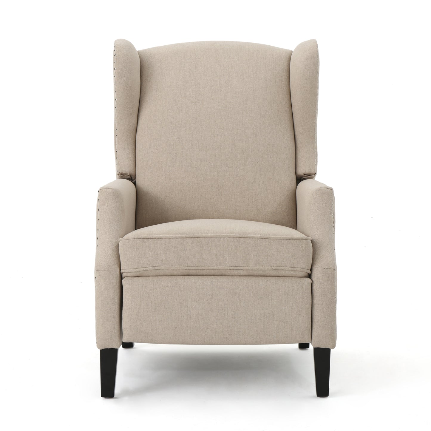 Traditional Wingback Recliner Chair in Wheat Fabric | Studded Accent Chair