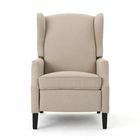 Traditional Wingback Recliner Chair in Wheat Fabric | Studded Accent Chair