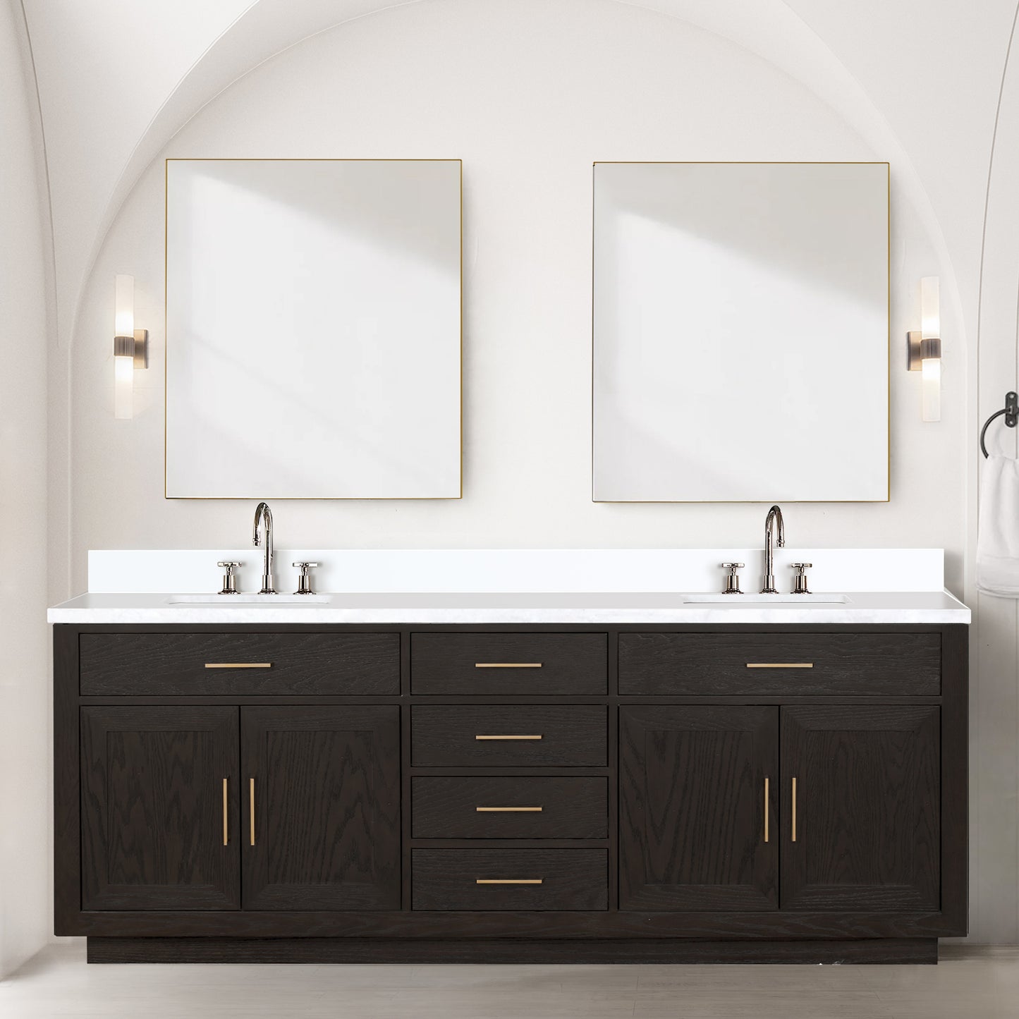 Brown Oak Double Bath Vanity 84 in. W x 22 in. D, White Quartz Top, Faucet Set, and 36 in. Mirrors